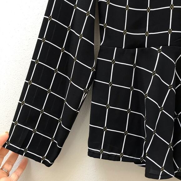 Michael Kors Black & White Windowpane Crossover Long Sleeve Wrap Blouse Women XS - Picture 3 of 10